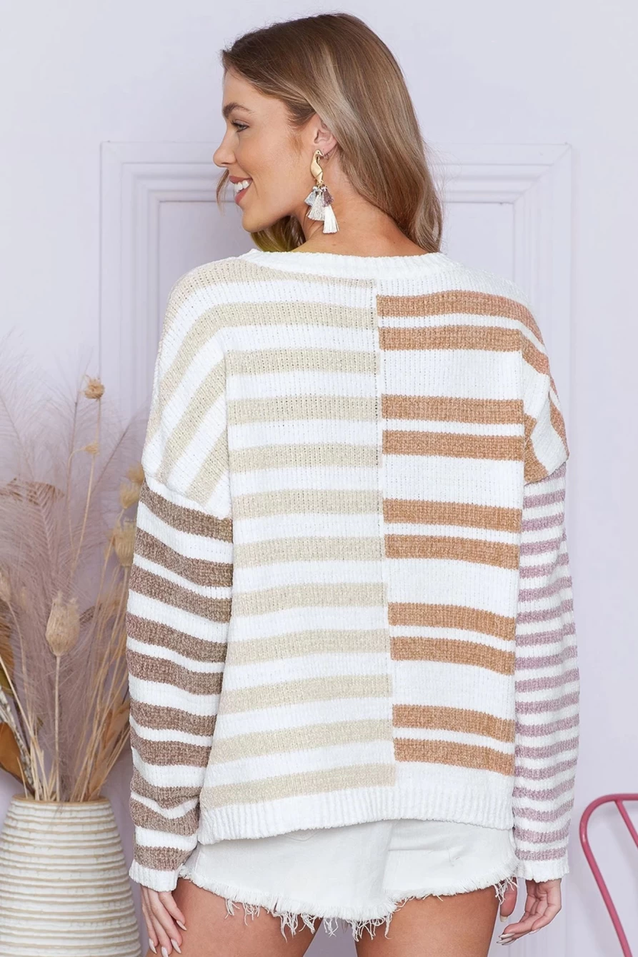 Shewin Women's Stripe Color Block Drop Shoulder Sweater Pullover