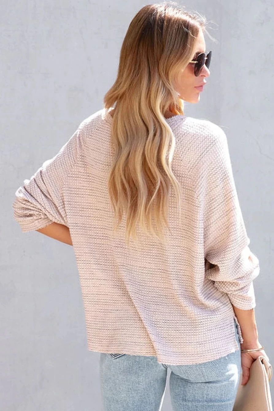 Shewin Women's Pink Waffle Knit Long Sleeve Top with Frayed Trim Detail
