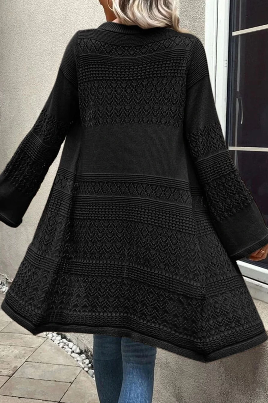 Shewin Women's Black Pointelle Knit Long Cardigan Open Front Sweater