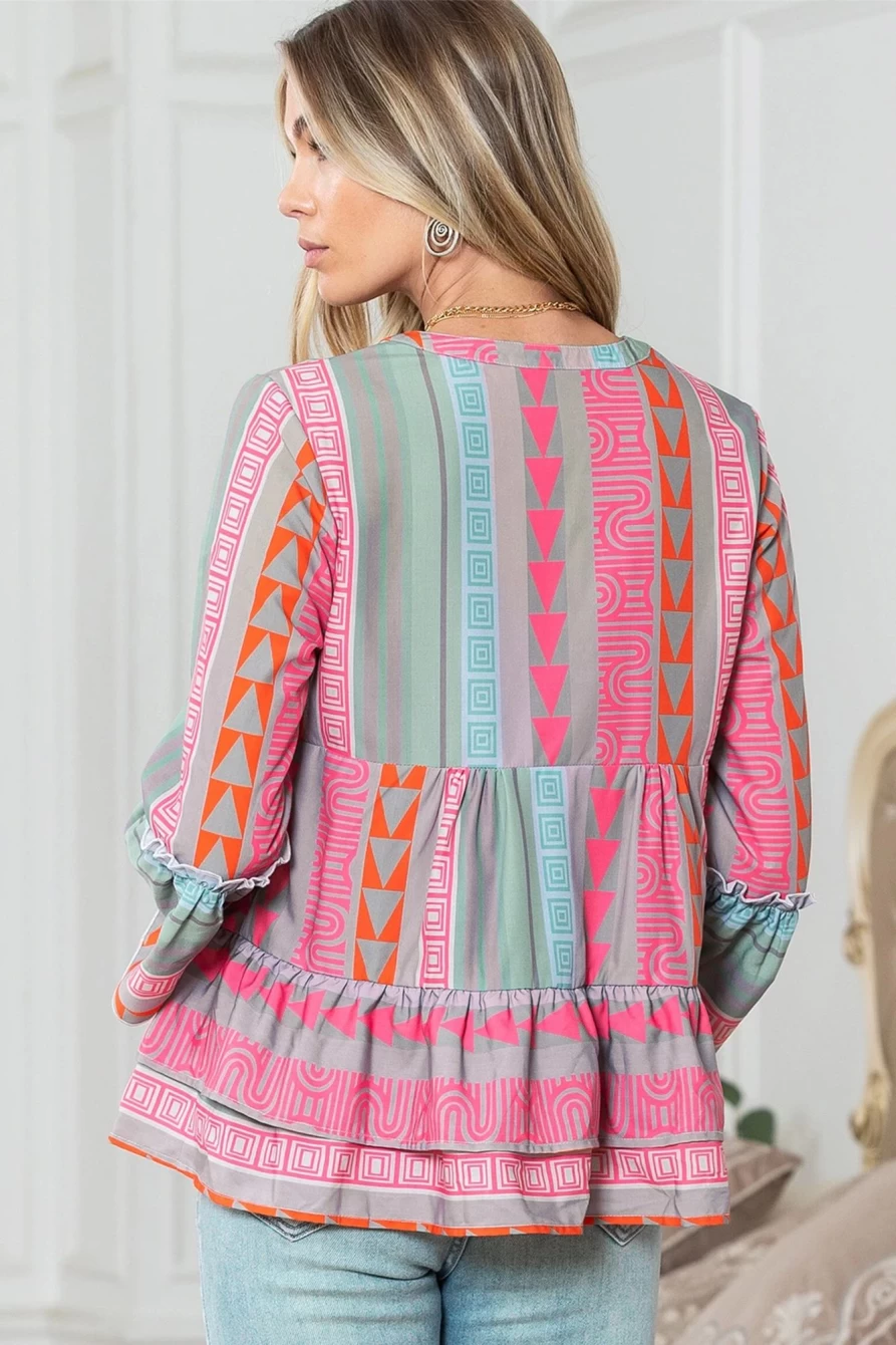 Shewin Women's Multicolour Boho Geometric Print V-Neck Ruffle Blouse