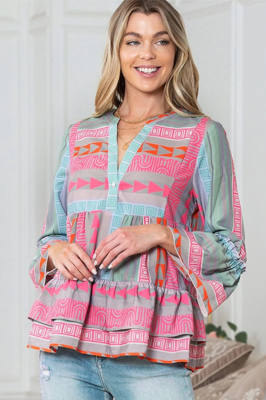 Shewin Women's Multicolour Boho Geometric Print V-Neck Ruffle Blouse