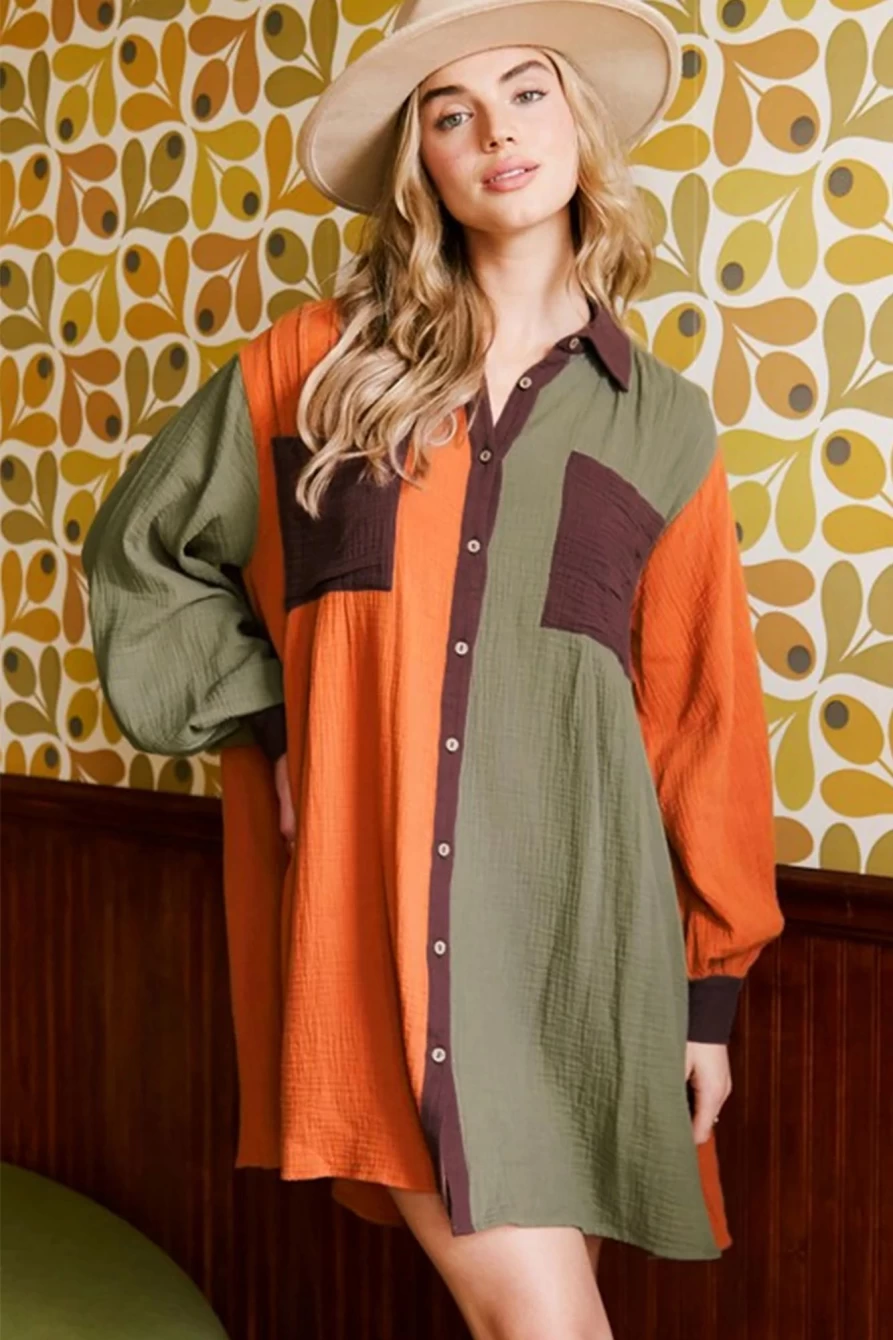 Shewin Women's Brown Crinkled Patchwork Mini Dress with Button Up Loose Fit