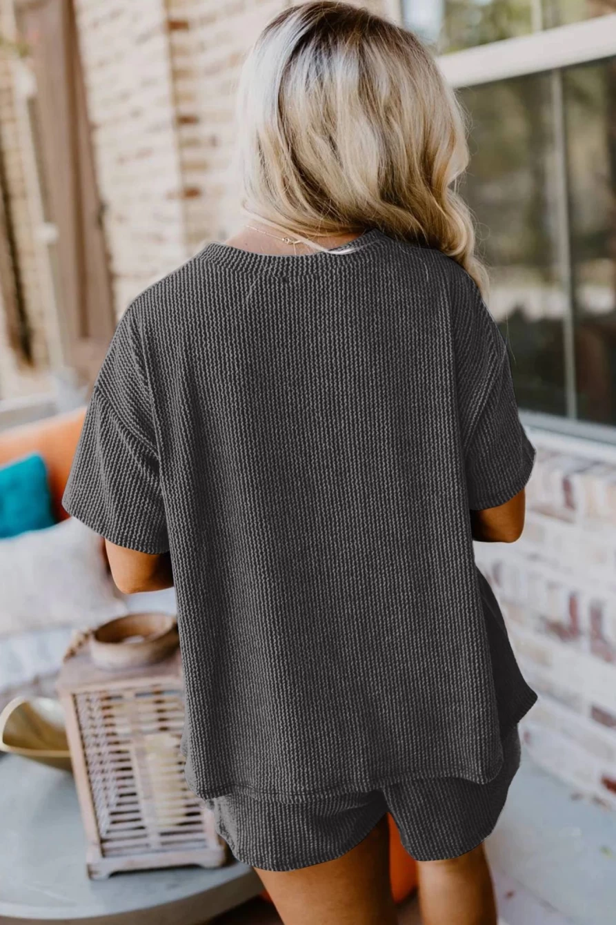 Shewin Women's Ribbed Textured Loose Fit Tee & Shorts Set in Carbon Grey
