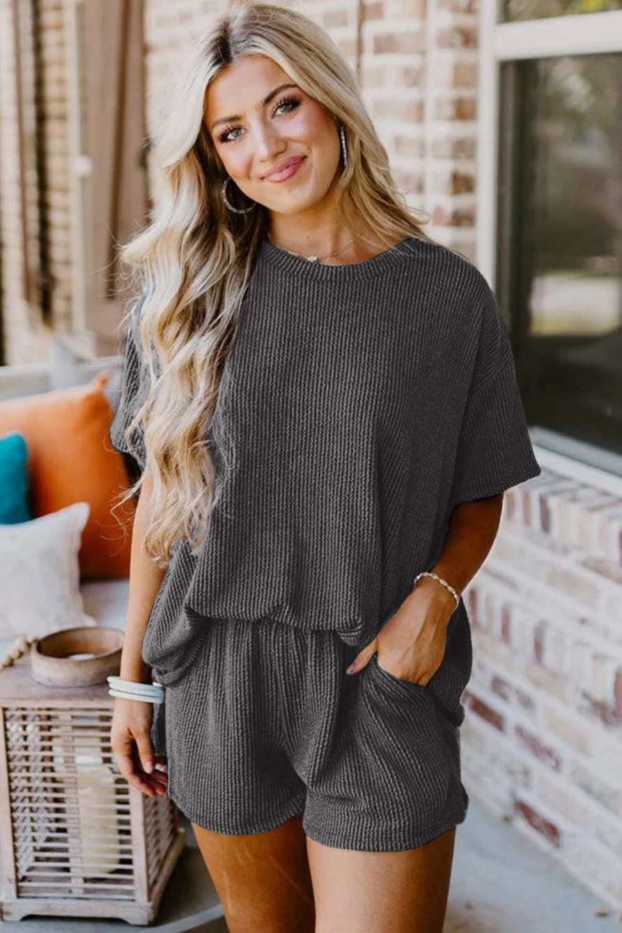 Shewin Women's Ribbed Textured Loose Fit Tee & Shorts Set in Carbon Grey