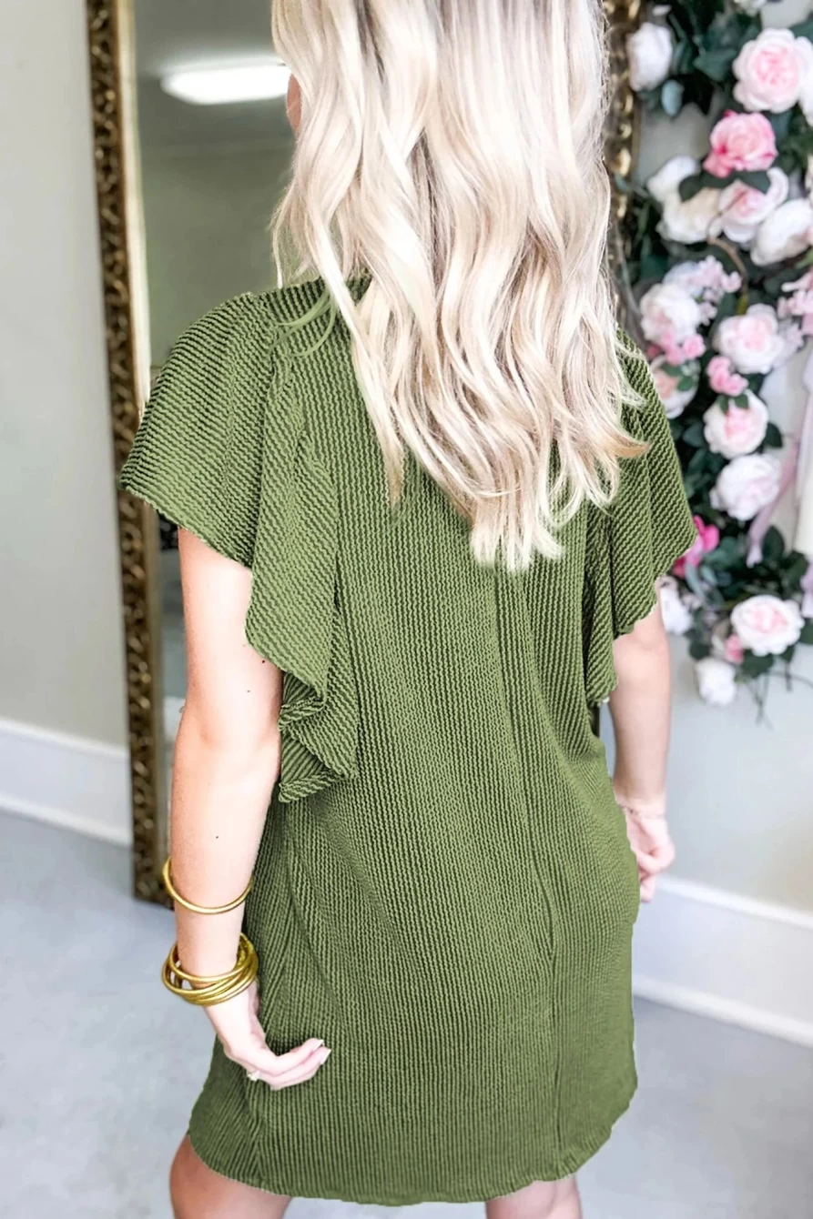 Shewin Women's Grass Green Ribbed Ruffle Sleeve Mini Dress