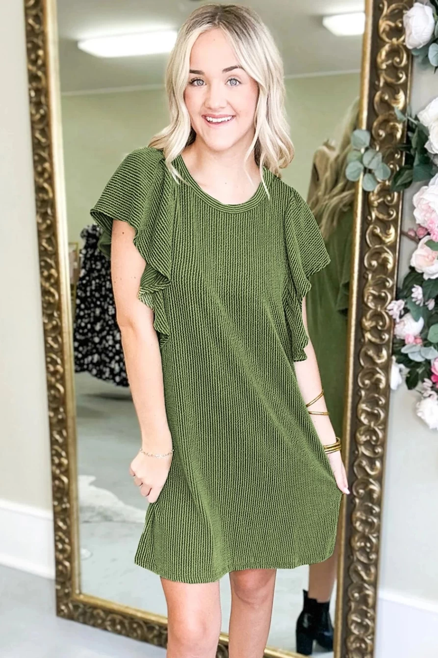 Shewin Women's Grass Green Ribbed Ruffle Sleeve Mini Dress