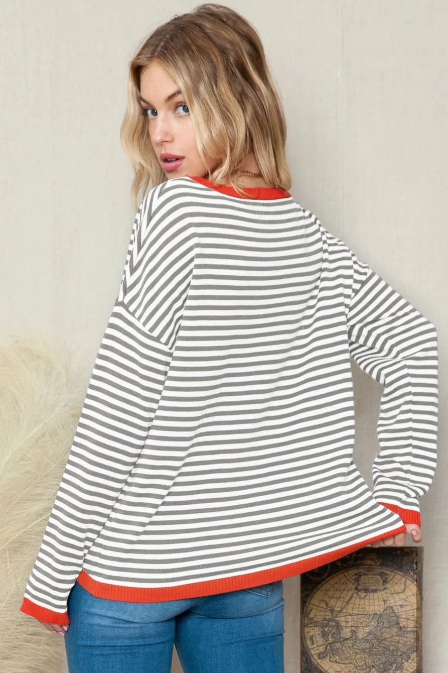 Women's Gray Striped Knit Pullover Sweater with Contrast Trim - Shewin