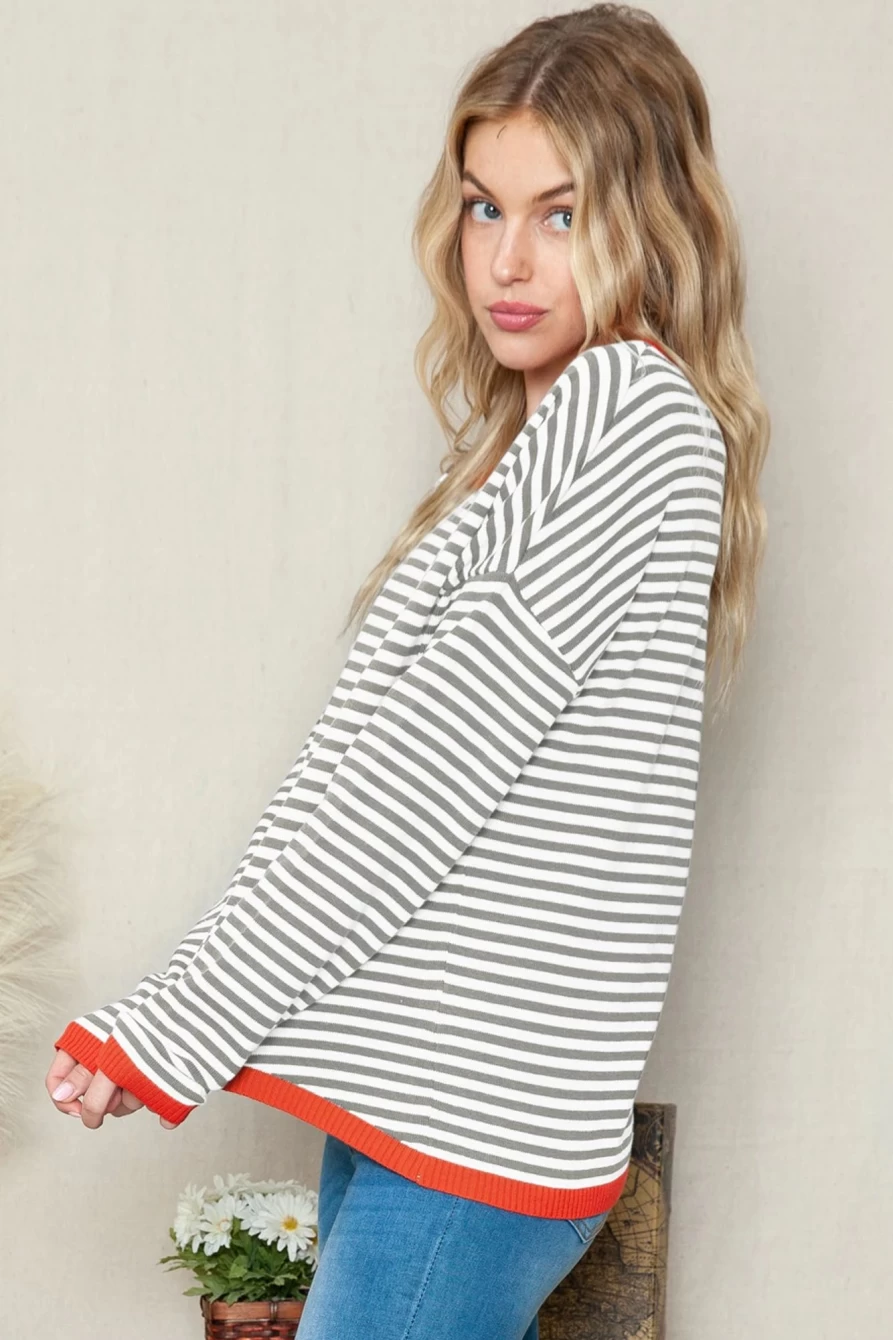 Women's Gray Striped Knit Pullover Sweater with Contrast Trim - Shewin