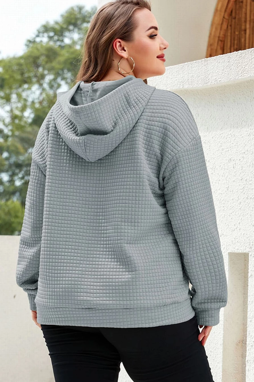 Shewin Women's Plus Size Gray Kangaroo Pocket Quilted Hoodie - Plain Casual Pullover