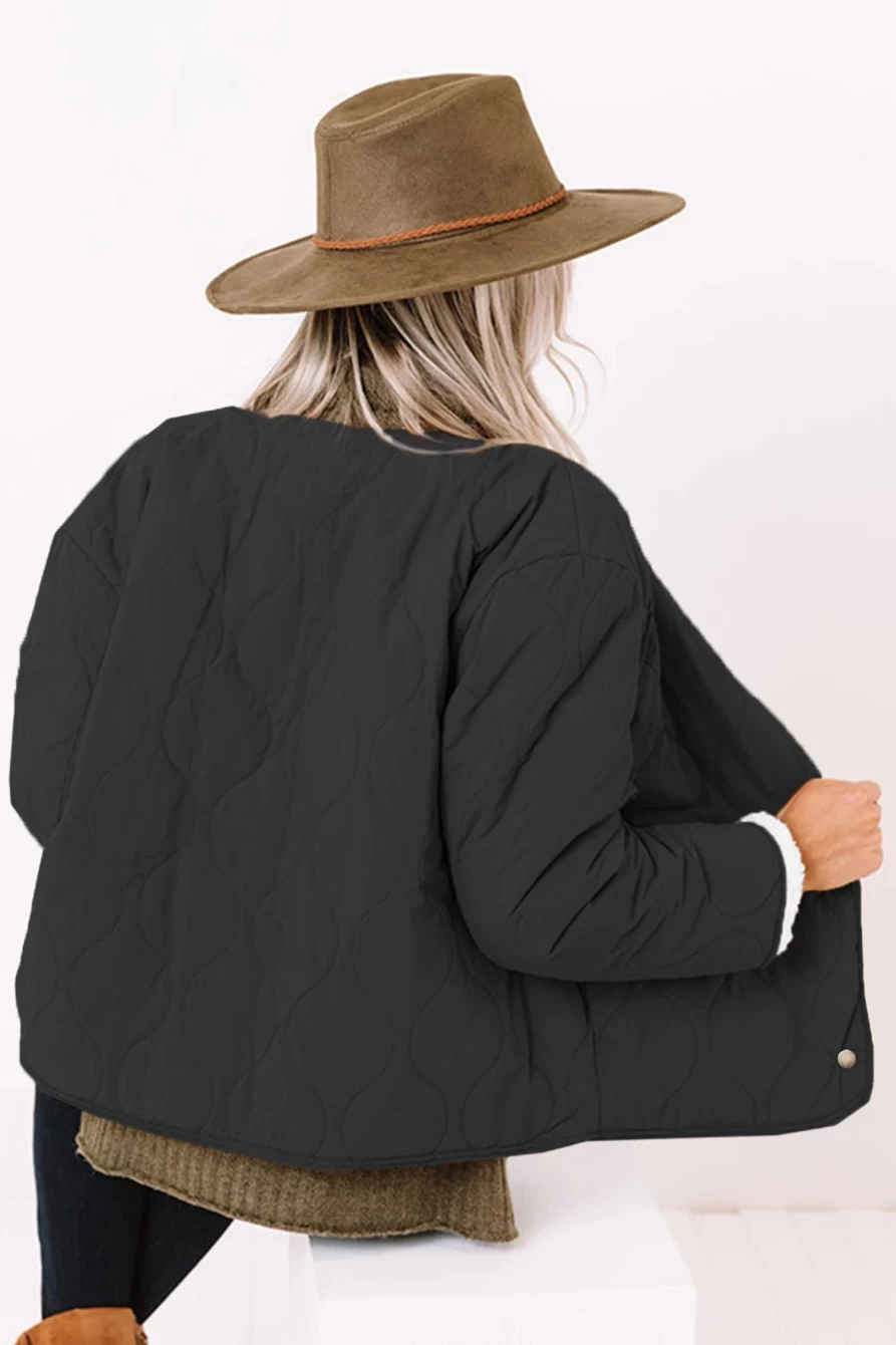 Shewin Women's Black Reversible Furry Coat with Snap Buttons - Quilted Winter Jacket