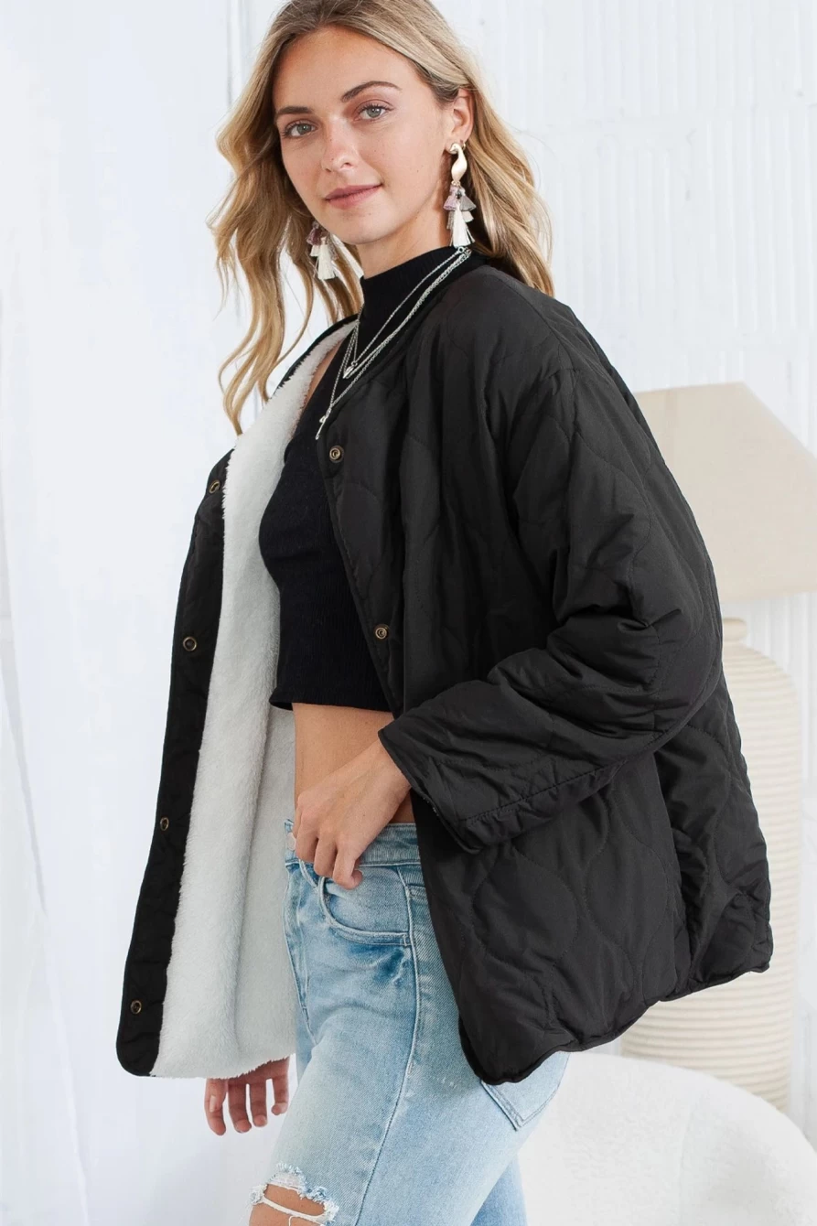 Shewin Women's Black Reversible Furry Coat with Snap Buttons - Quilted Winter Jacket