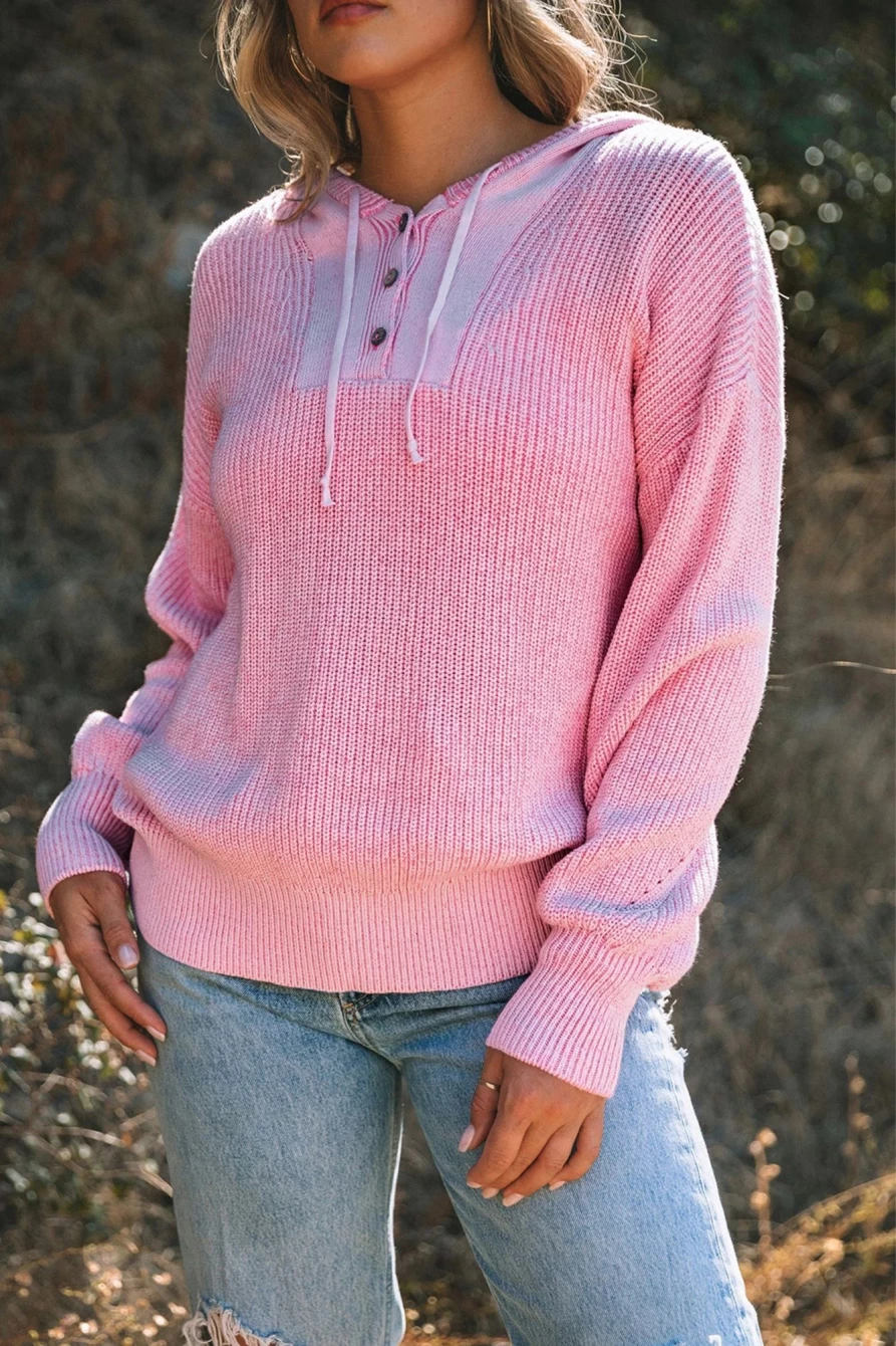 Shewin Women's Pink V-Neck Casual Hooded Sweater with Drawstring Detail
