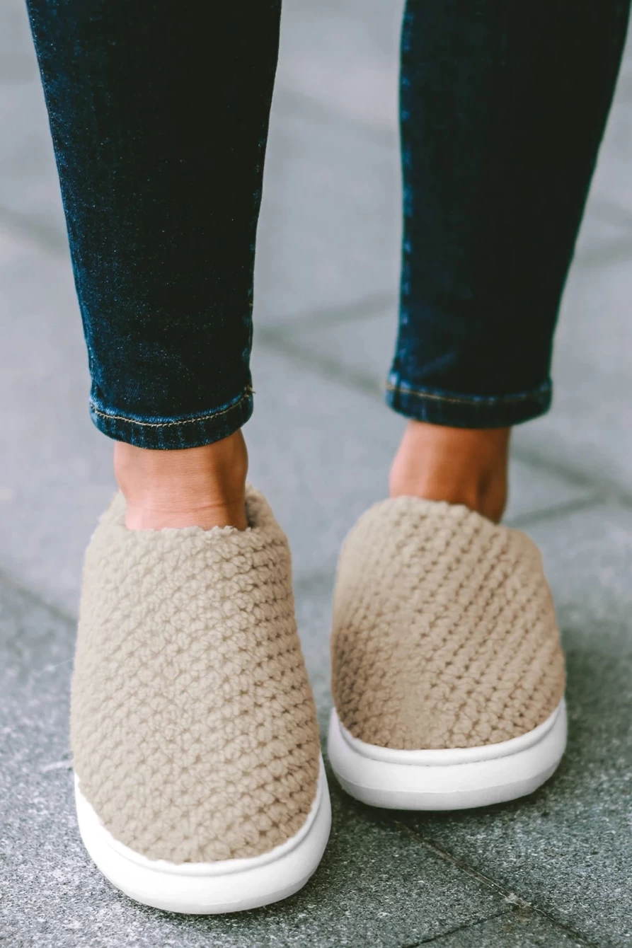 Shewin Women's Apricot Khaki Casual Knit Winter Slippers - Cozy Plain Design