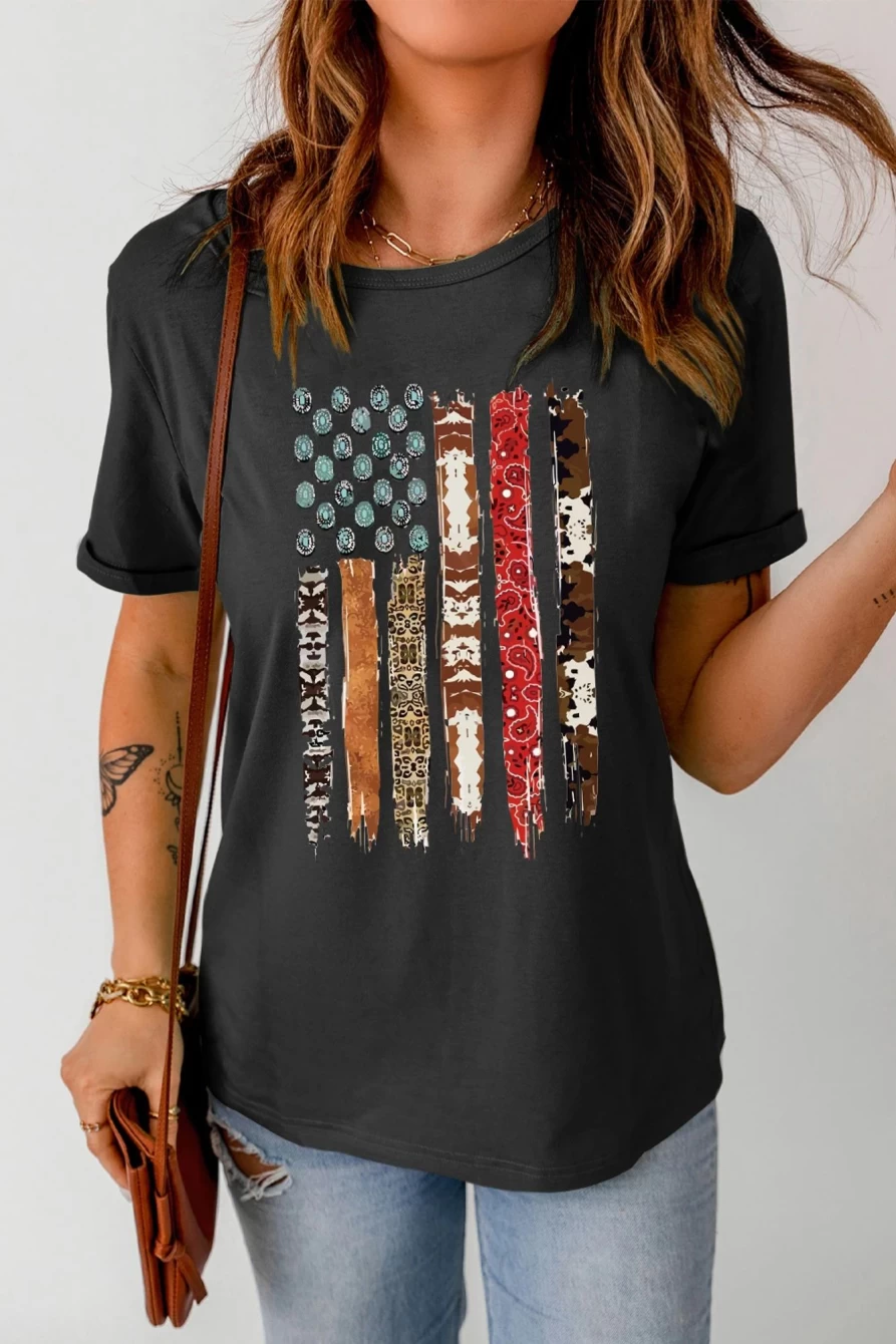 Shewin Women's Black American Flag Graphic Tee - Patriotic Printed T-Shirt