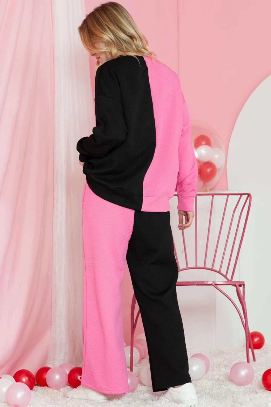 "Shewin Women's Multicolor Textured Patchwork Top & Flared Pants Set"