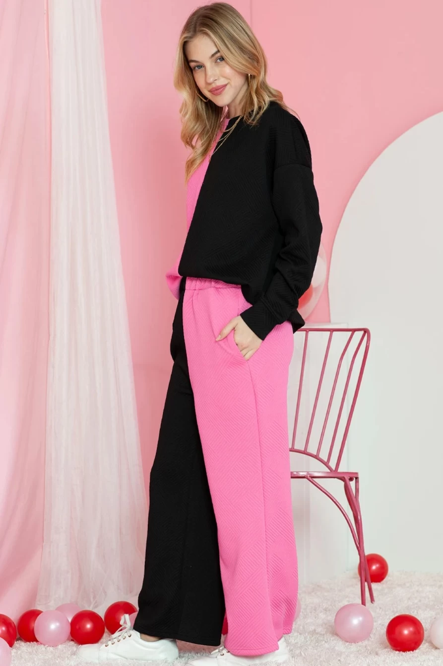 "Shewin Women's Multicolor Textured Patchwork Top & Flared Pants Set"