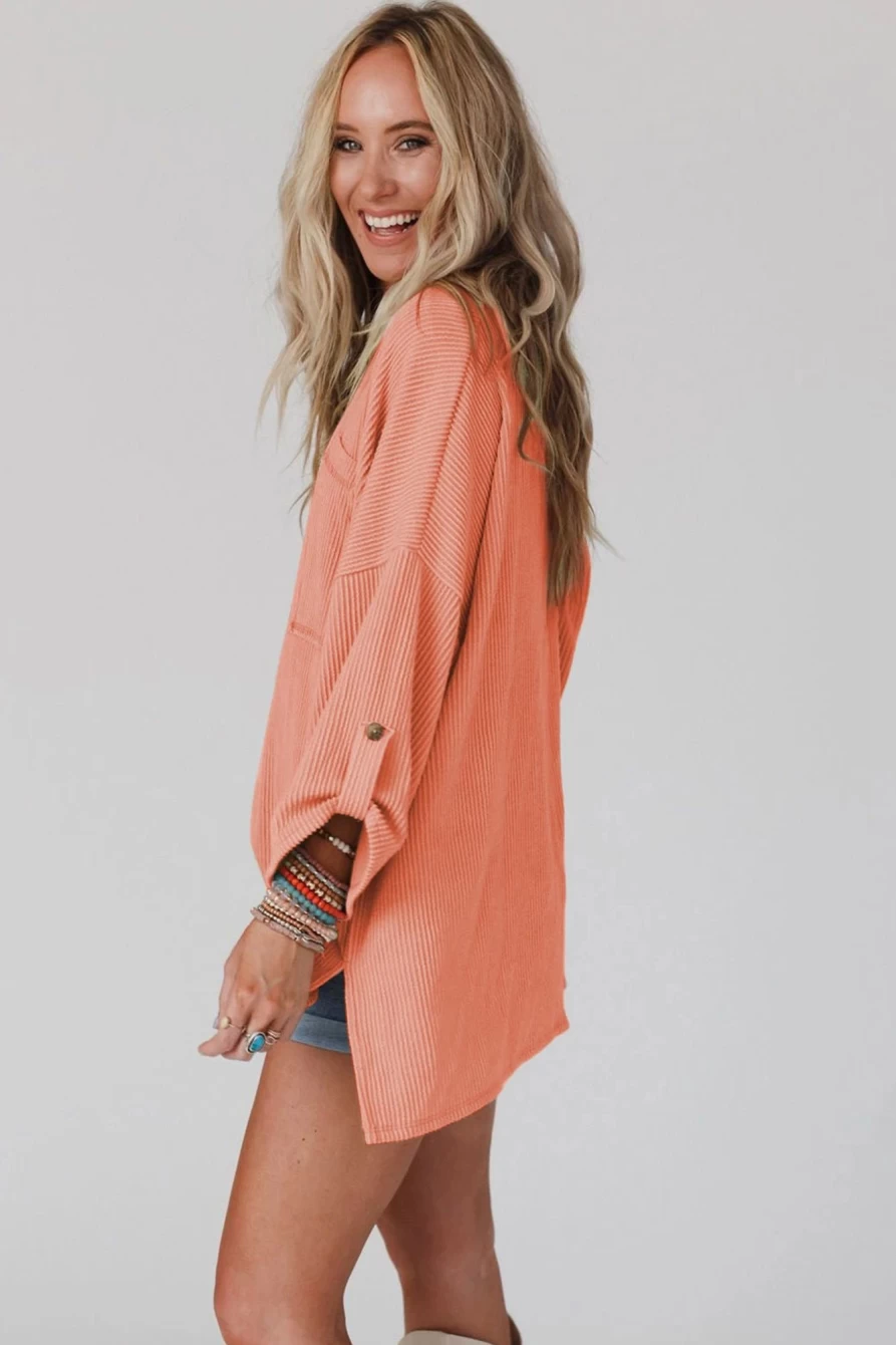 Shewin Women's Orange Oversized Ribbed Top with Roll-Tab Sleeves and Chest Pocket