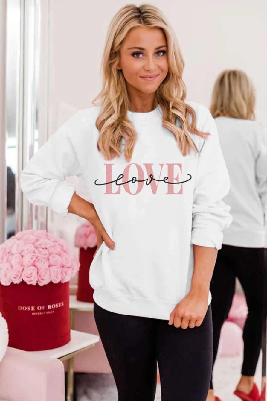 "SheWin Women's White Love Letter Graphic Oversized Sweatshirt - Drop Shoulder Casual Pullover"