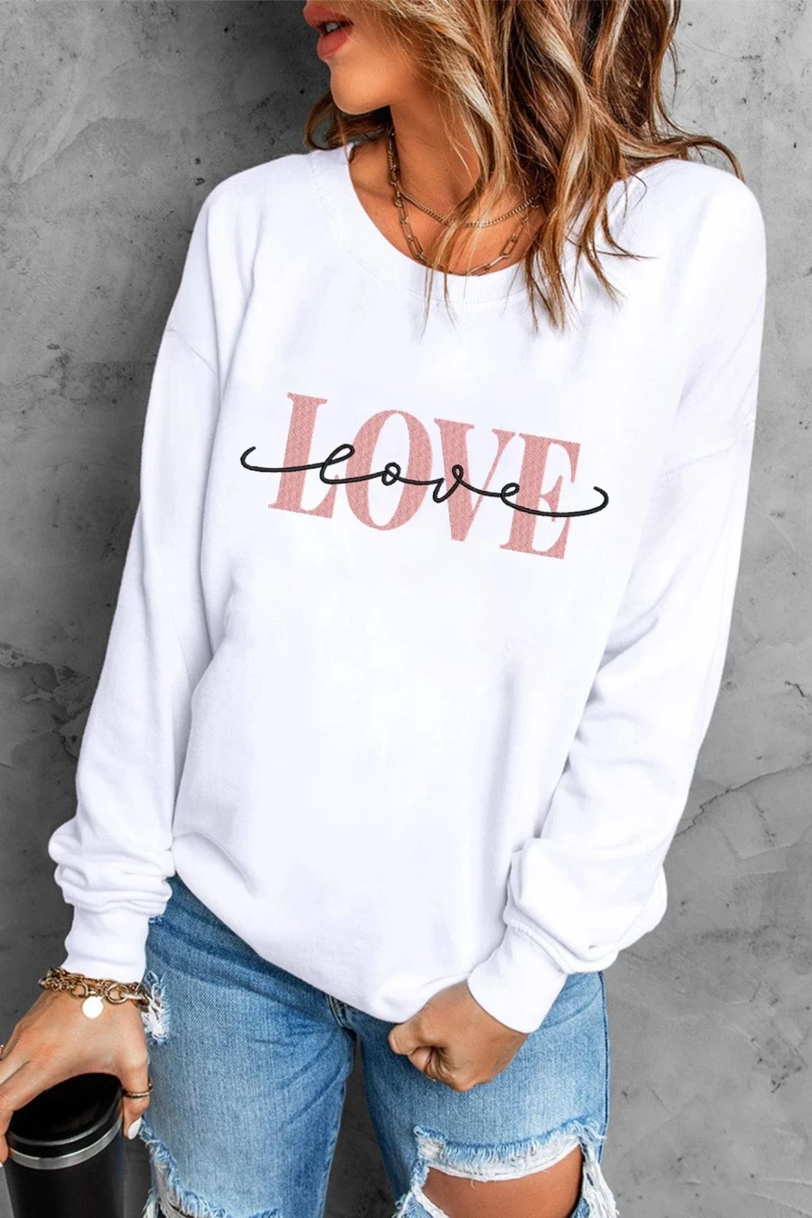 "SheWin Women's White Love Letter Graphic Oversized Sweatshirt - Drop Shoulder Casual Pullover"