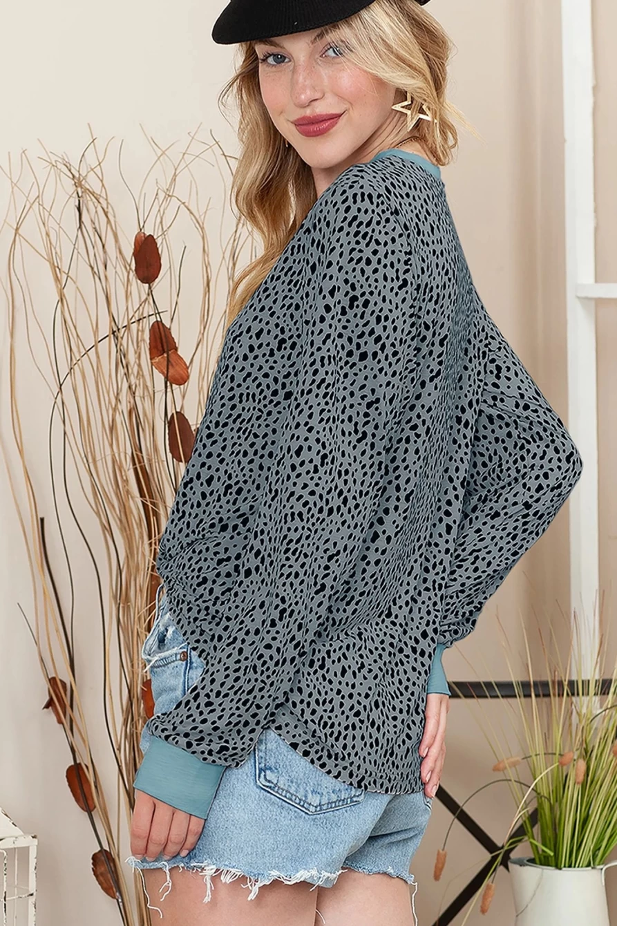 Shewin Women's Gray Animal Spotted Print Long Sleeve Round Neck Top