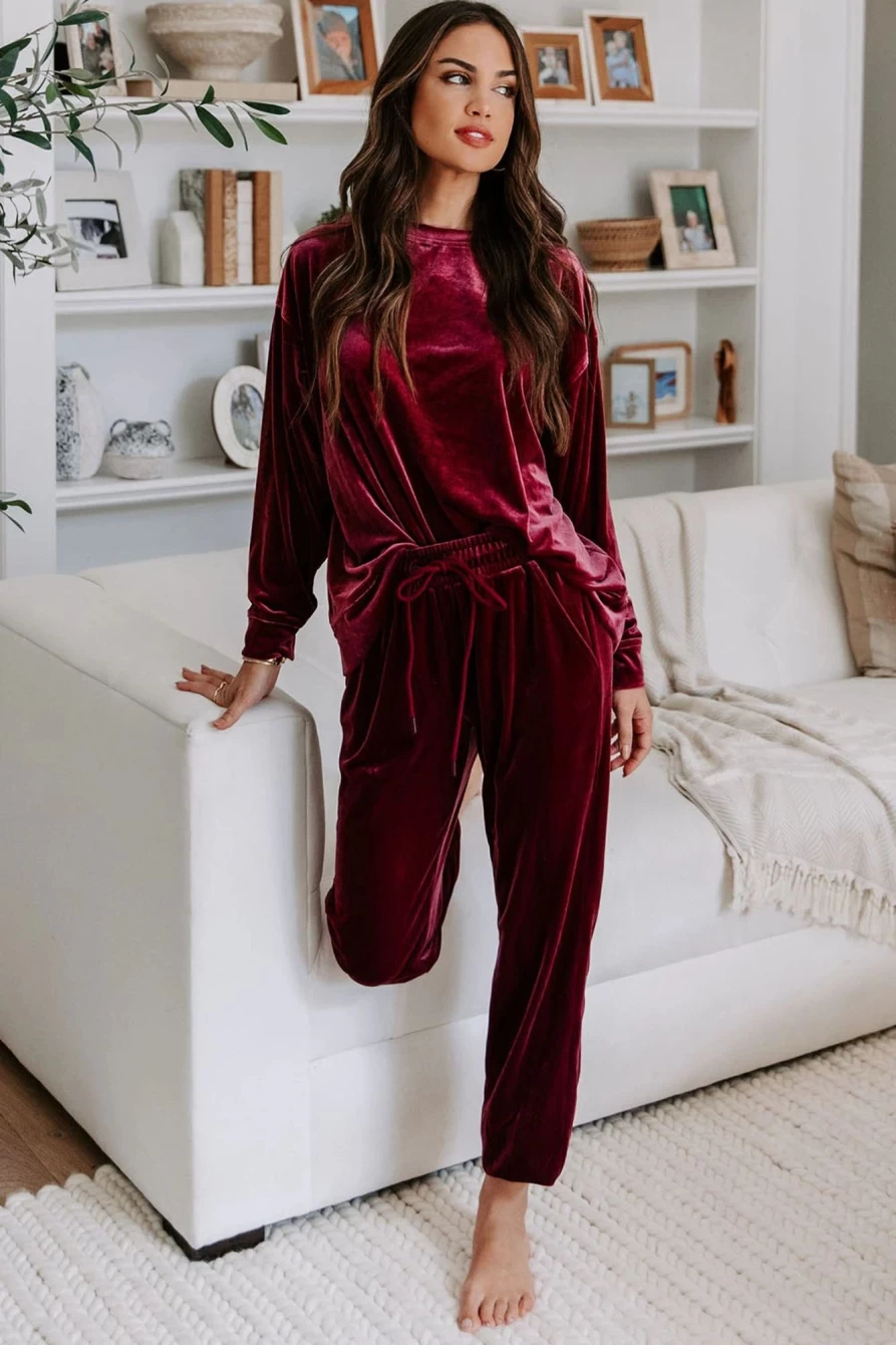 Shewin Women's Red Velvet Lounge Set - Round Neck Top & Drawstring Pants