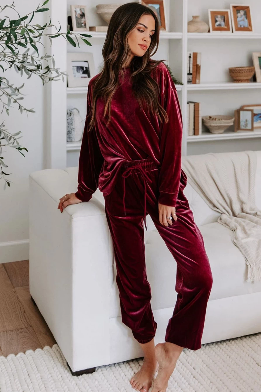 Shewin Women's Red Velvet Lounge Set - Round Neck Top & Drawstring Pants