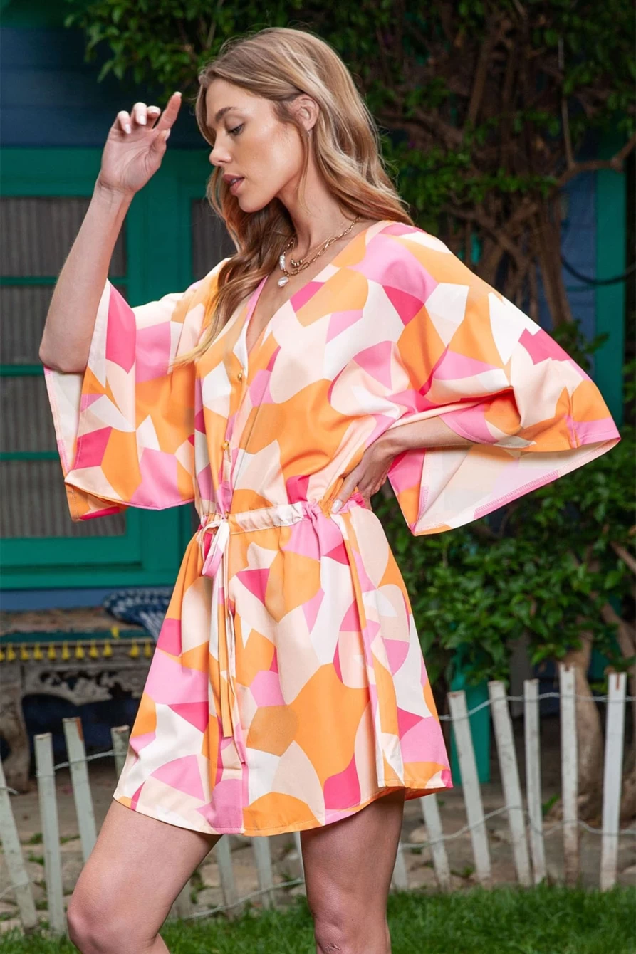 Shewin Women's Pink Abstract Print Short Dress with V-Neck, Button Front & Waist Drawstring