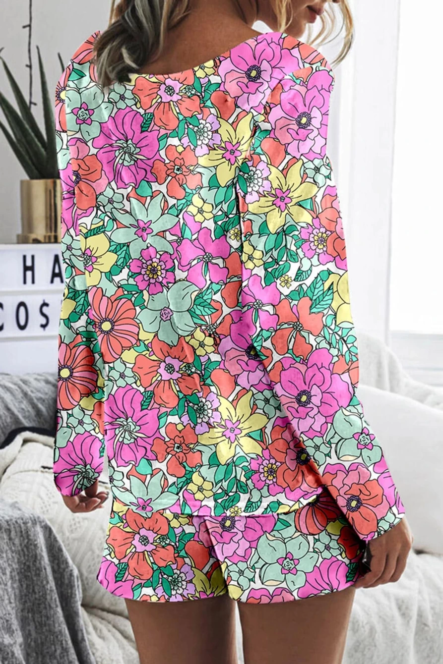 Shewin Women's Multicolor Floral Print Long Sleeve Top & Drawstring Shorts Loungewear Set