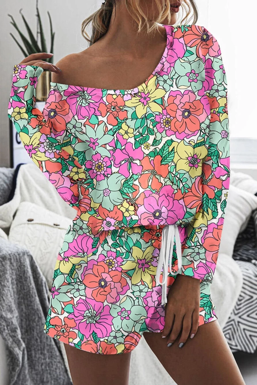 Shewin Women's Multicolor Floral Print Long Sleeve Top & Drawstring Shorts Loungewear Set