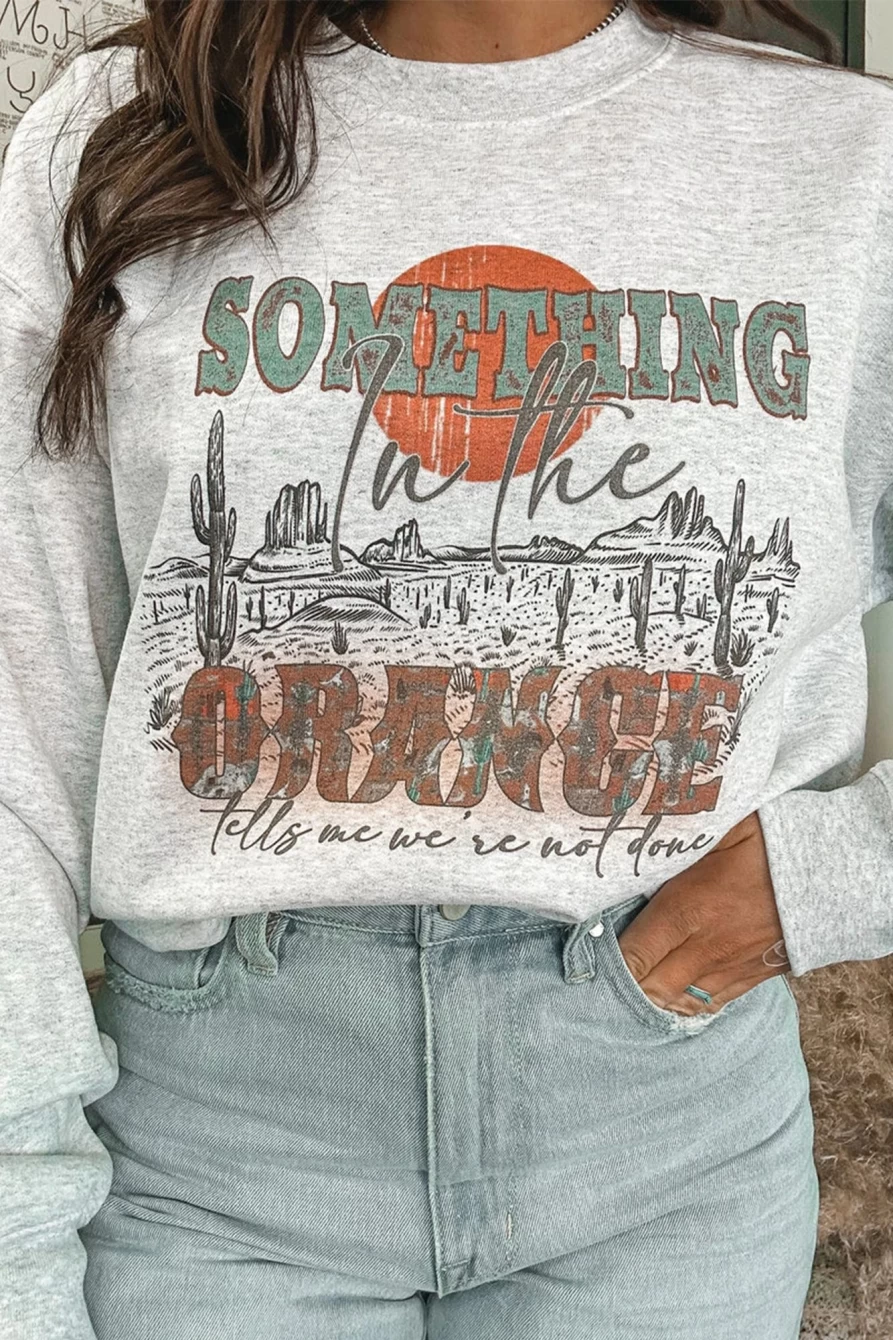 Shewin Women's Gray Relaxed Graphic Sweatshirt - Cozy Orange Print Pullover