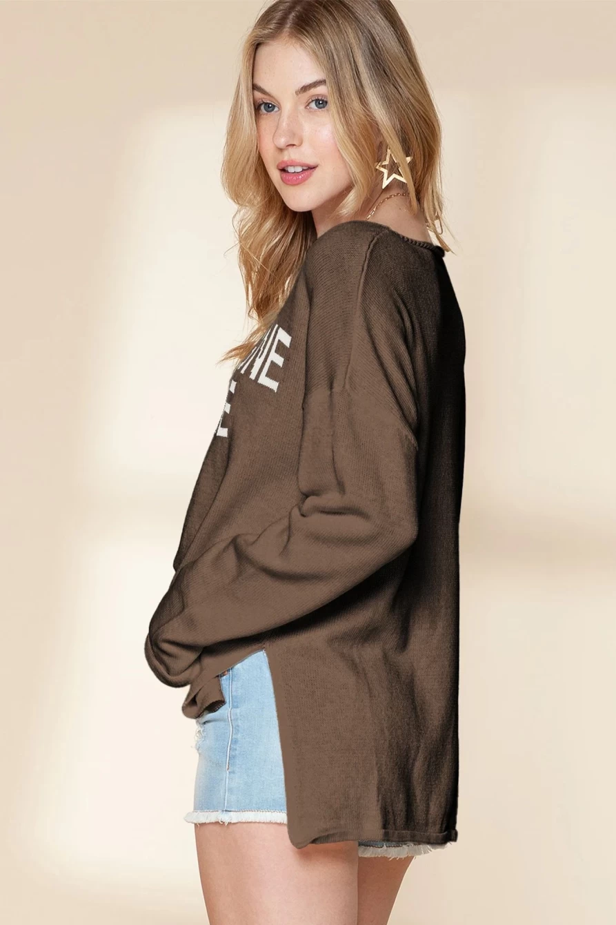 Shewin Women's Desert Palm Champagne Letter Pattern Knitted Sweater