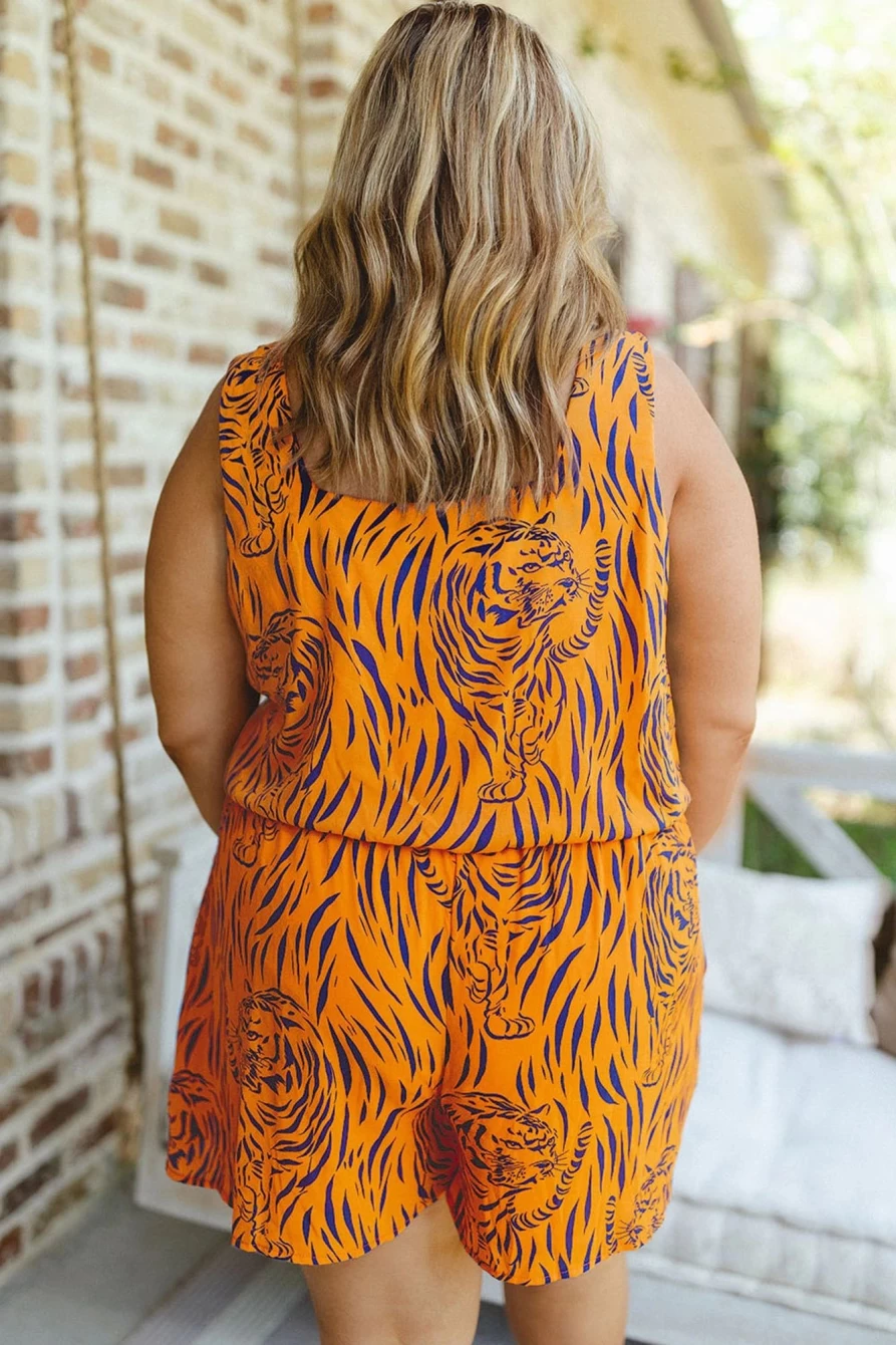 Shewin Women's Plus Size Yellow Tiger Print Sleeveless V-Neck Romper Jumpsuit