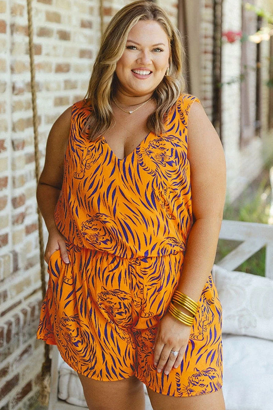 Shewin Women's Plus Size Yellow Tiger Print Sleeveless V-Neck Romper Jumpsuit