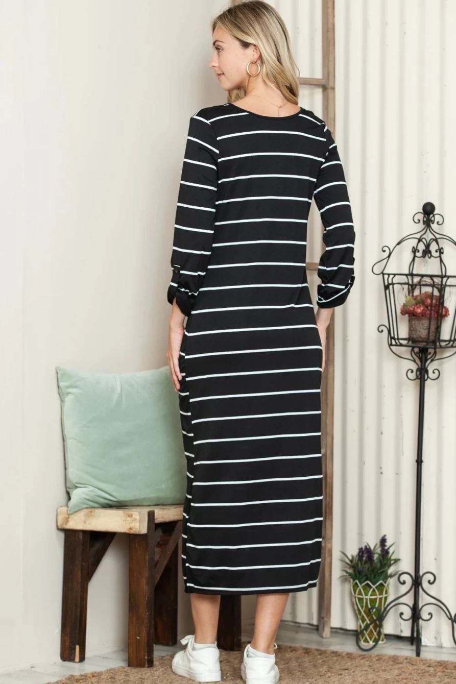 Shewin Women's Black Striped High Waist Casual Slit Maxi Dress