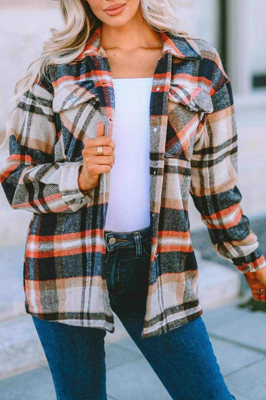 Shewin Women's Khaki Plaid Print Casual Button-Up Shacket with Pocket