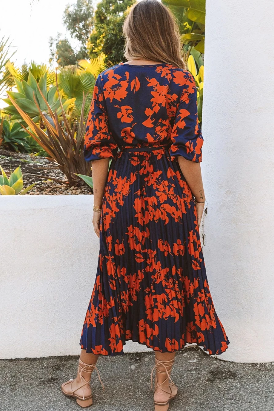 Shewin Women's Orange Floral V-Neck Wrap Maxi Dress with Pleated Detail & Belt