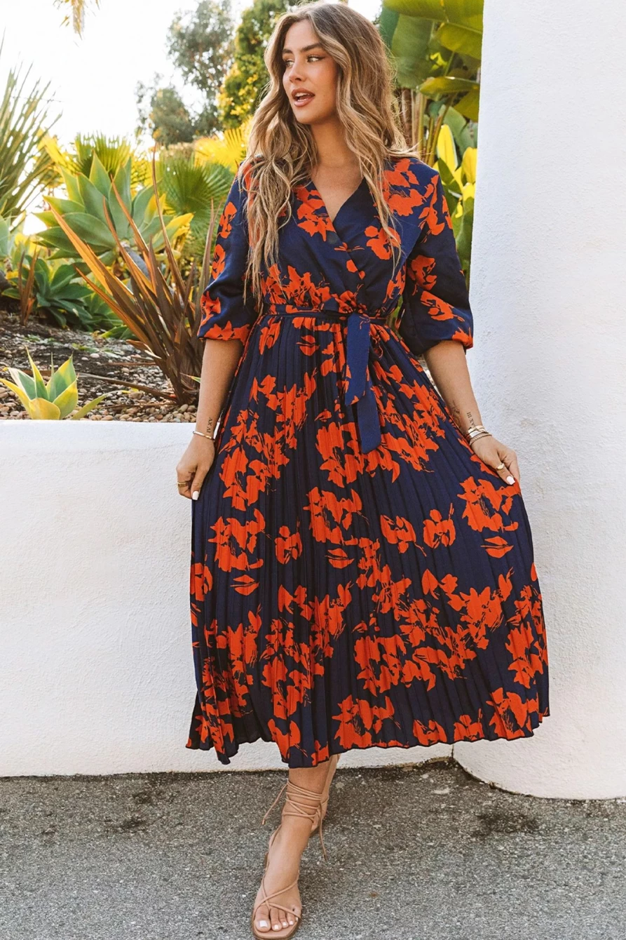 Shewin Women's Orange Floral V-Neck Wrap Maxi Dress with Pleated Detail & Belt
