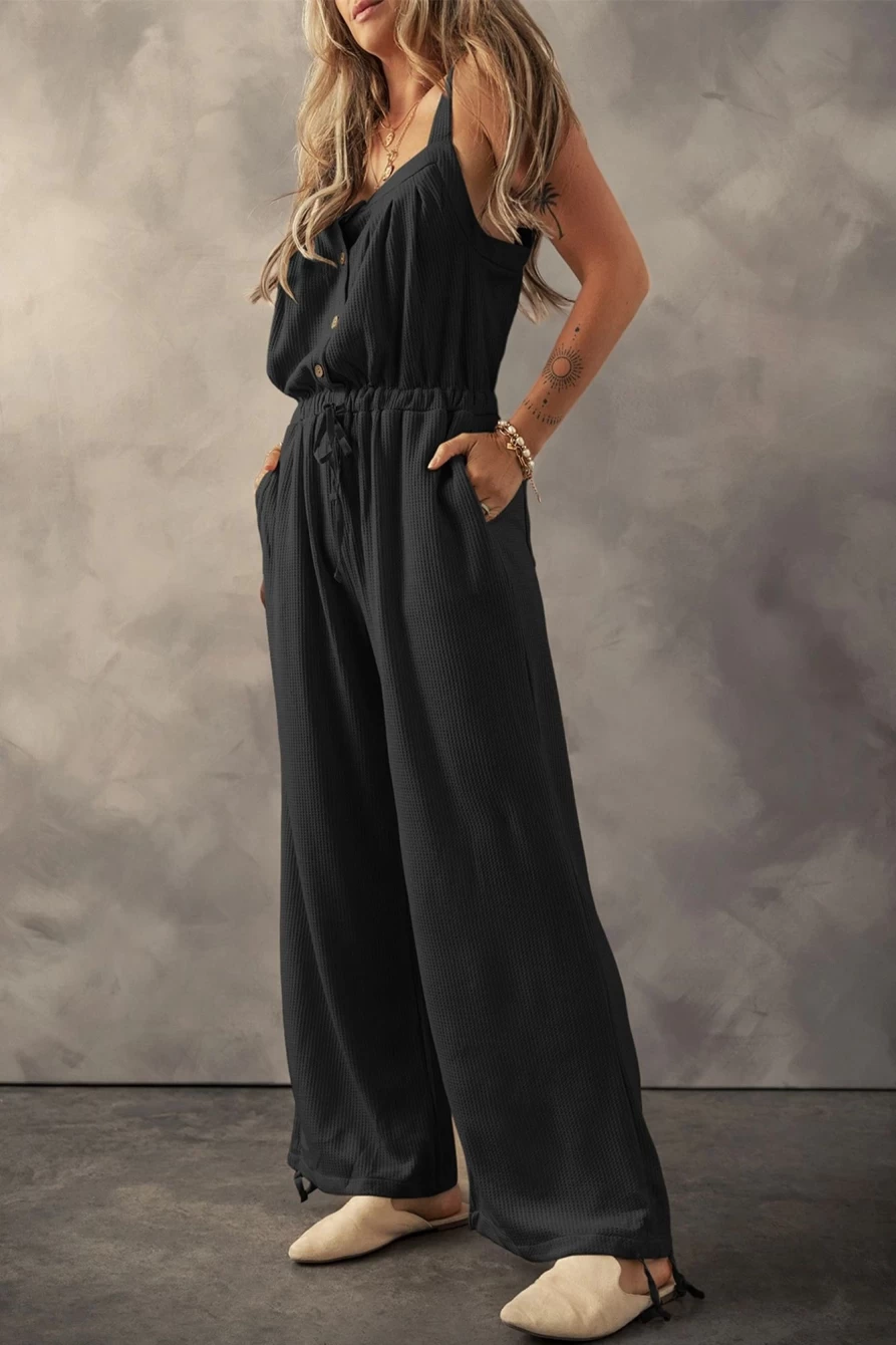Shewin Women's Black Knotted Straps Button Detail Textured Drawstring Jumpsuit