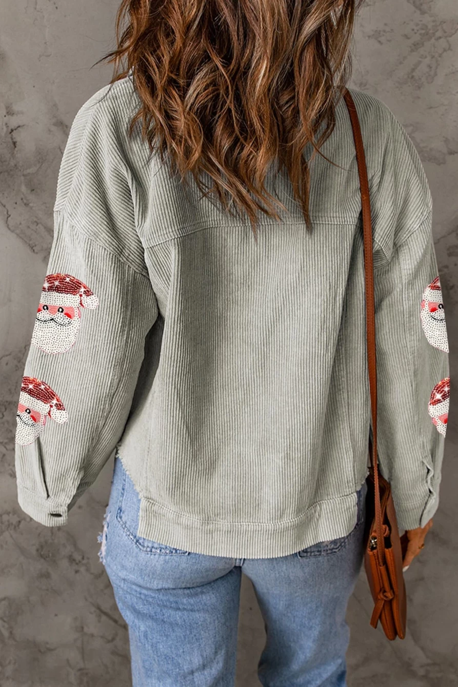 Women's Sky Blue Corduroy Jacket with Santa Claus Sequined Graphic and Flap Pockets - SHEWIN