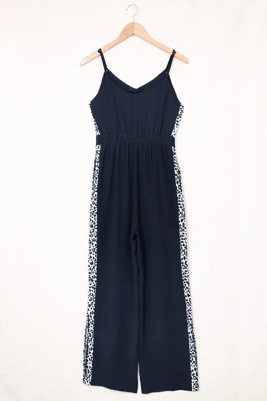 Shewin Women's Black Leopard Print Patchwork Wide Leg Jumpsuit - Spaghetti Strap Romper