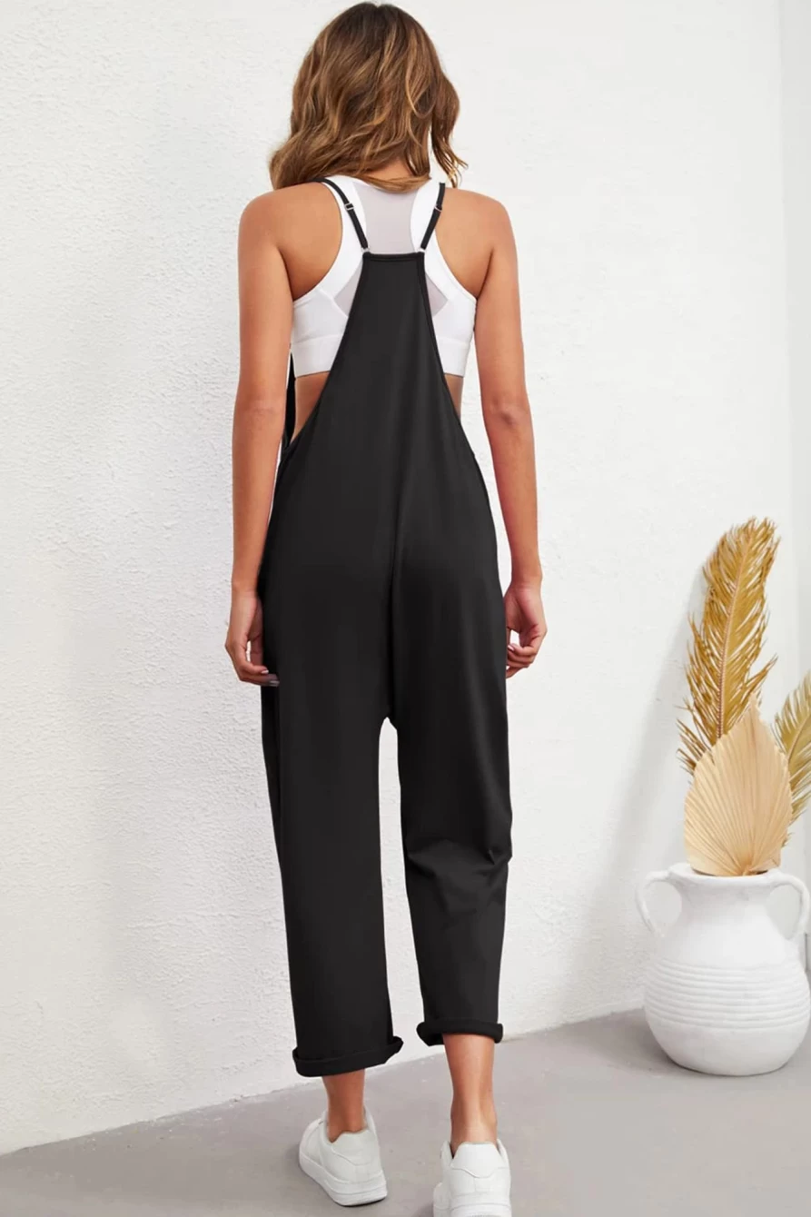 Shewin Women's Black Pocketed Adjustable Spaghetti Strap Straight Leg Jumpsuit