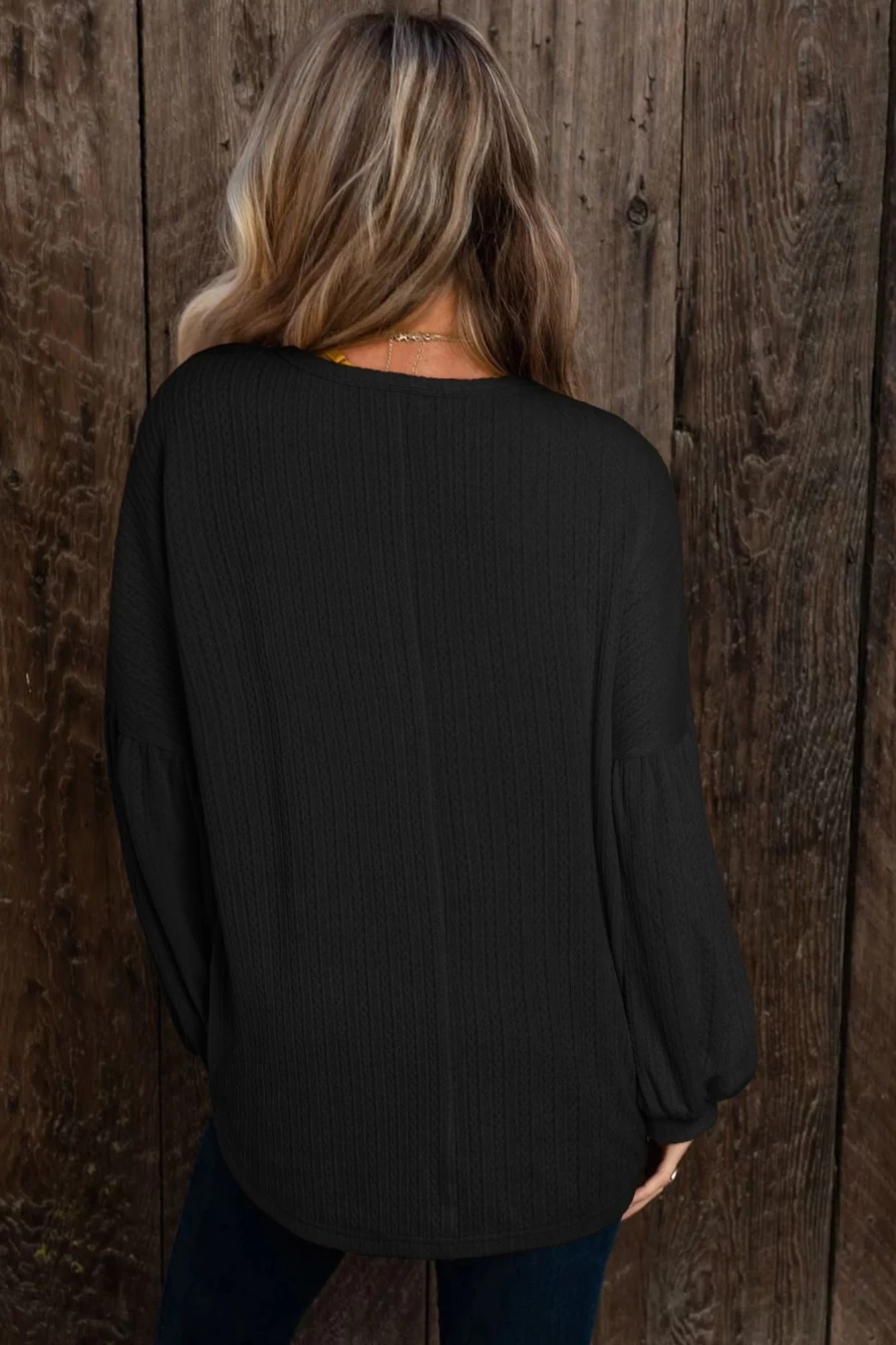 Shewin Women's Black Solid Color Textured Lantern Sleeve Top