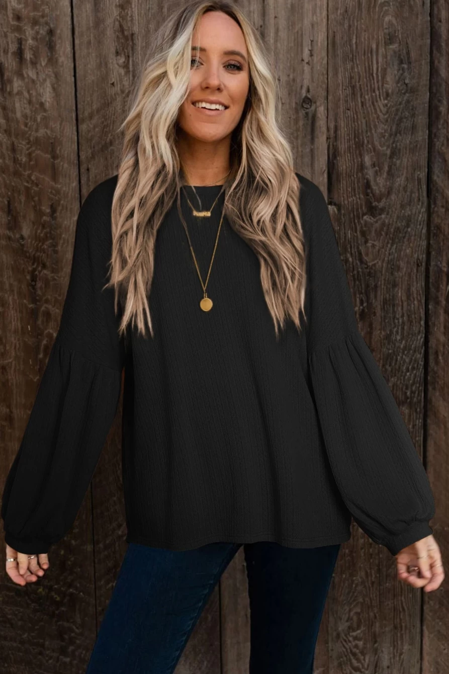 Shewin Women's Black Solid Color Textured Lantern Sleeve Top