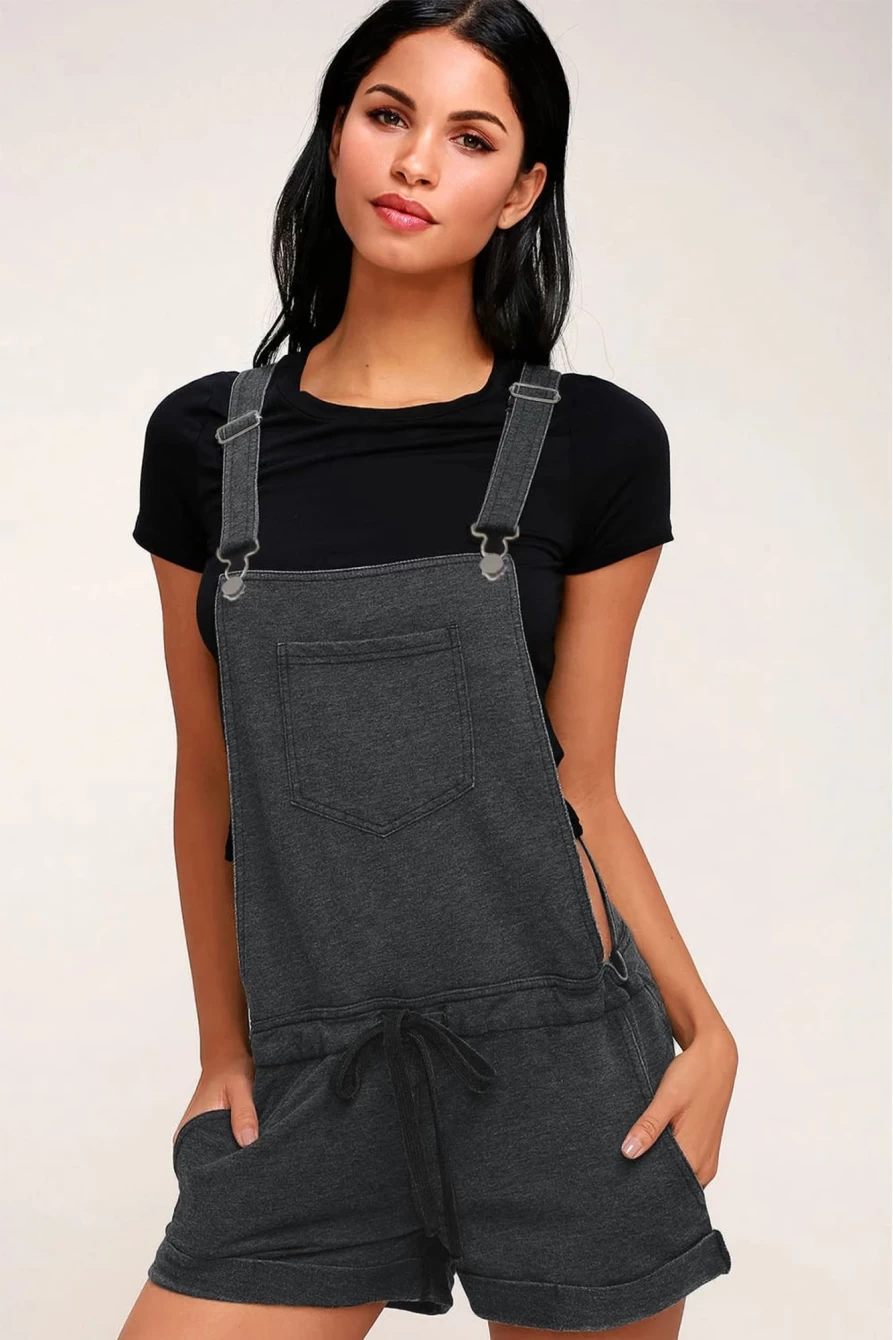 Women's Gray Vintage Washed Drawstring Short Overalls by Shewin