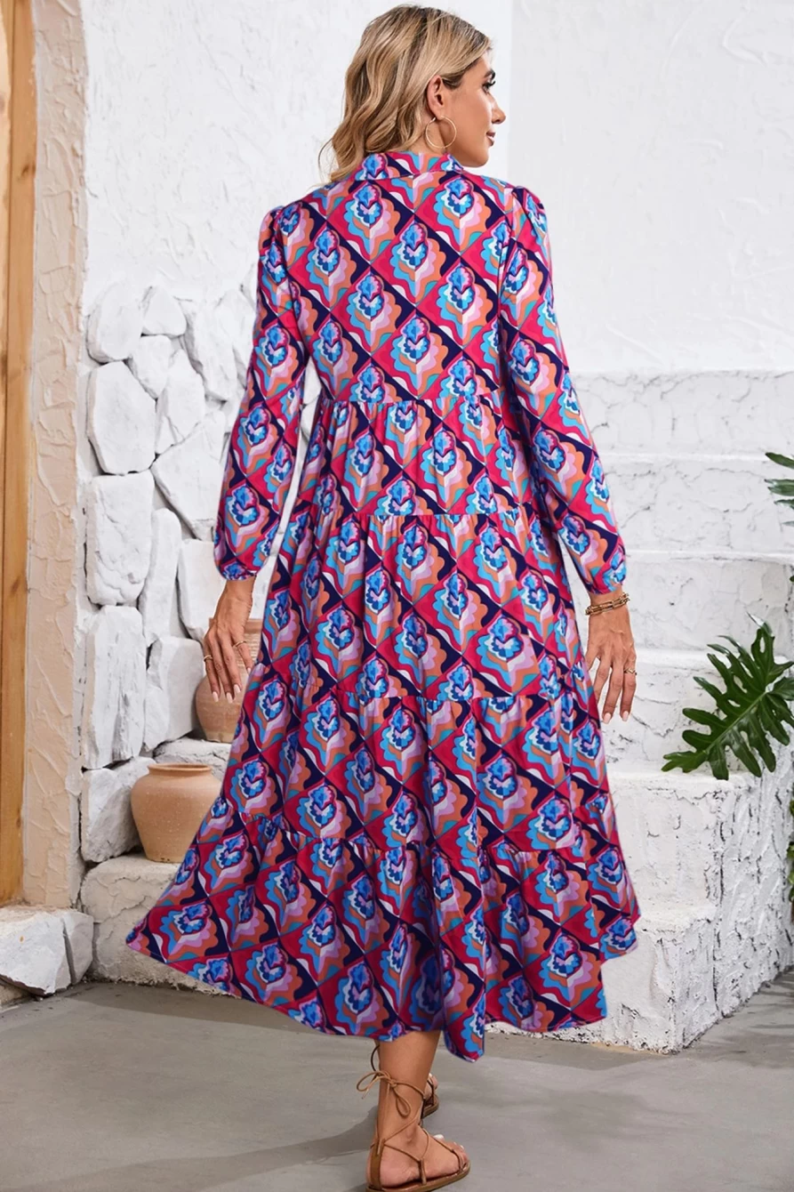 "Shewin Women's Multicolor-2 Boho Dress with Abstract Geometric Print & Tiered Notch Neck Design"