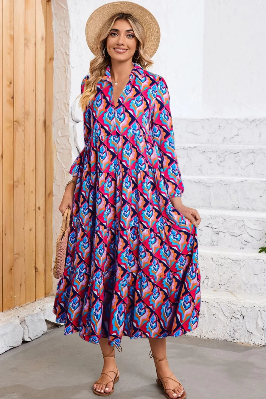 "Shewin Women's Multicolor-2 Boho Dress with Abstract Geometric Print & Tiered Notch Neck Design"