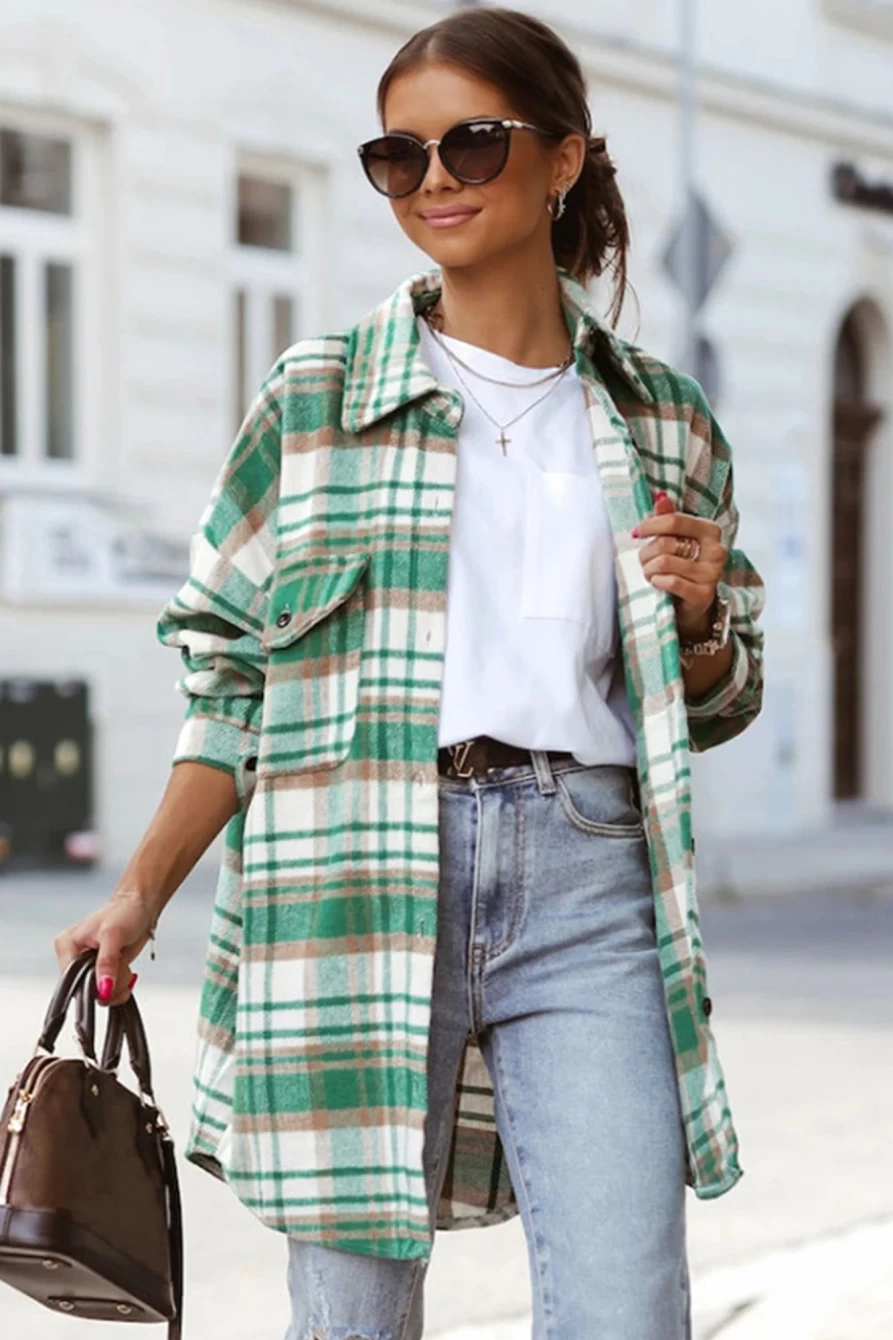 Women's Green Plaid Flap Pocket Long Sleeve Shacket by Shewin