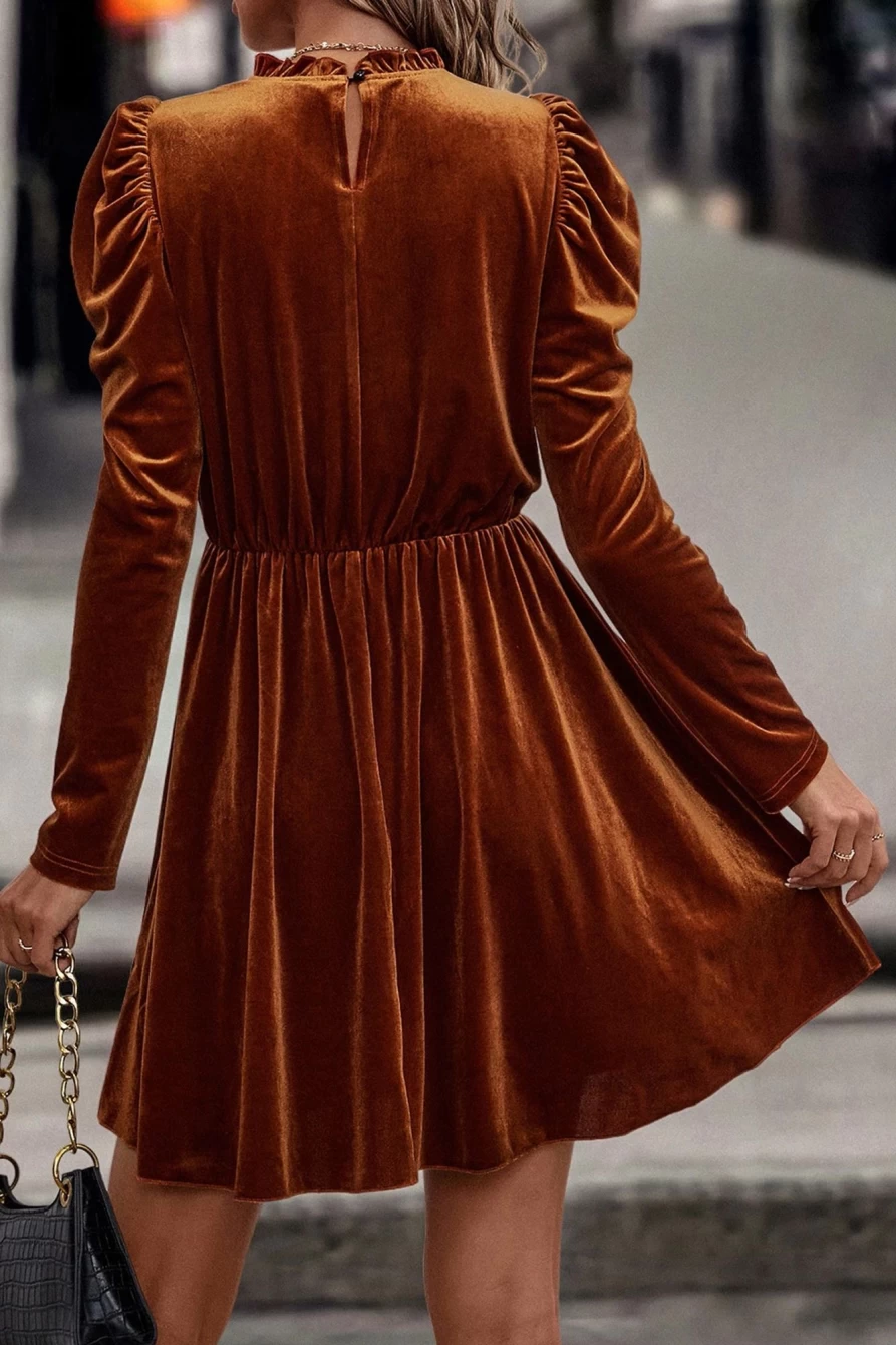 Shewin Women's Chestnut Velvet Dress with Frilled Neck and Gigot Sleeves, Elegant Swing Style