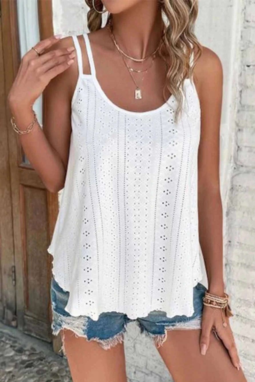 Shewin Women's White Eyelet Strappy Scoop Neck Tank Top