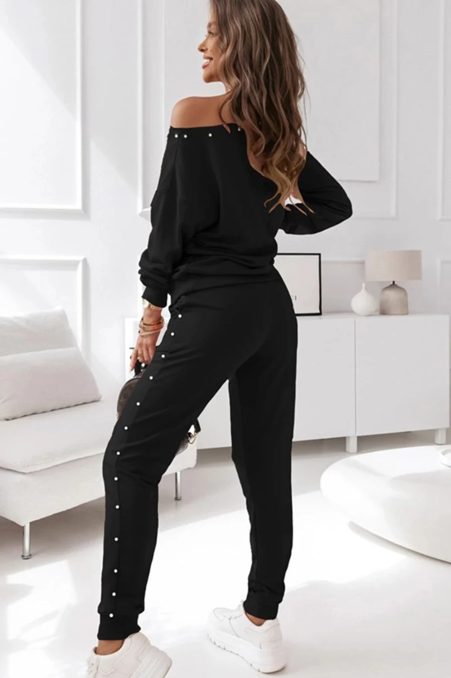 Shewin Women's Black Beaded Pullover Hoodie and Jogger Pants Set